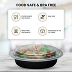 Klex 32 Oz, 50 Sets Meal Prep Containers with Airtight Lids, BPA Free, Reusable Plastic Food Container, 32 oz, Round, Black/Clear, 50 Sets
