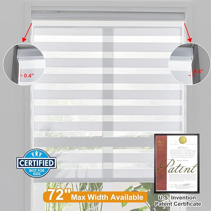Persilux Cordless Zebra Blinds for Windows (27" W X 64" H, White) Free-Stop Roller Windows Shades Dual Layer Light Control for Day and Night, Light Filtering Sheer Shades for Home, Easy to Install