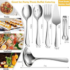6 PCS Stainless Steel Serving Utensils, Large Serving Spoons Slotted Spoons, Forks, Ice Suger Tongs, Cake Server, Soup Ladle, Metal Utensils Set Great for Buffet Catering Banquet Party, Silver