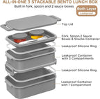 DaCool Adults Lunchbox Bento Box - 74 OZ All-in-One Stackable Lunch Box for Adults Men Women Teens Leakproof Bento Large Lunch Box Containers with Fork Spoon Sauce Box for Dining Out Work School,Grey