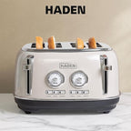 Haden Dorset 4 Slice Wide Slot Stainless Steel Toaster with Adjustable Browning Control & Non-Slip Feet, Putty & Chrome
