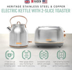 Haden Heritage 4 Slice Wide Slot Stainless Steel Toaster Bundled with 1.7 Liter Stainless Steel Electric Water Kettle, Steel & Copper