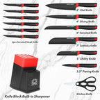 14 Pcs Kitchen Knife Block Set with Sharpener German High Carbon Stainless Steel Chef Knives, Razor-Sharp & Durable, Lightweight Anti-Slip Handle, Professional Set for Home & Kitchen (Red)