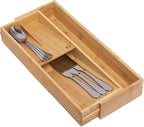 Bamboo Kitchen Drawer Organizer, Silverware Organizer Expandable Utensil Holder with Removable Knife Block, Cutlery Tray with Drawer Dividers for Kitchen Utensils and Flatware