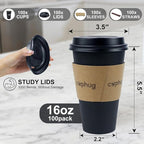 100 Pack 16 oz Coffee Cups,Disposable Hot Drink Paper Cups with Lids & Sleeves - 16 Ounce Black Party Cups Perfect for Hot Beverages, Party, Office, and Home Use