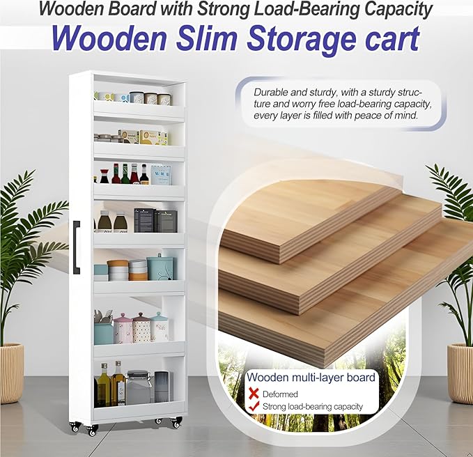 7-Tier Slim Storage Cart, Wooden Rolling Pantry Cabinet with Wheels, Narrow Shelf Organizer for Kitchen, Bakers Rack, Dining Room, Closet, Small Spaces Dark Walnut 47.2" H*9.8" W*16.9" D