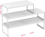 Stackable Expandable Metal Shelf Organizer - Adjustable Wire Storage Rack with Holes for Kitchen, Bathroom, Cabinet, Office - Space Saving, Durable & Sturdy Design（3PACKS/Medium/White