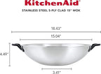 KitchenAid 5-Ply Clad Polished Stainless Steel Wok, Induction Compatible, Dishwasher Safe, 15 Inch Open Stir-Fry Pan