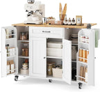 Ahomly Kitchen Island with Storage, 47.6" Rolling Kitchen Island on Wheels with Drop Leaf, Door Cabinet, Drawer, Spice Rack, Towel Rack and Knife Holder, Kitchen Cart Island Table for Kitchen, White