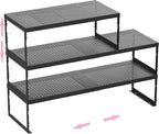 Stackable Expandable Metal Shelf Organizer - Adjustable Wire Storage Rack with Holes for Kitchen, Bathroom, Cabinet, Office - Space Saving, Durable & Sturdy Design（3PACKS/Large/Black