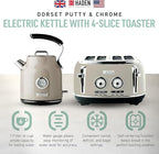 Haden Dorset 4 Slice Wide Slot Stainless Steel Toaster Bundled with 1.7 Liter Stainless Steel Electric Kettle with 360-Degree Base, Putty & Chrome