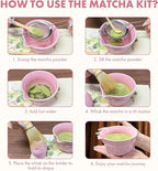 Matcha Whisk Set,9 Pcs Matcha Set with Matcha Bowl,Spout, Bamboo Whisk, Spoon Stand, Scoop, Sifter, Towel, Teaspoon and Glass Measuring Cup for Making Breakfast/Latte, Gift for Matcha Lover, Pink