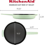 KitchenAid Enameled Cast Iron Frying Pan/Skillet with Helper Handle and Pour Spouts, 12 Inch, Pistachio