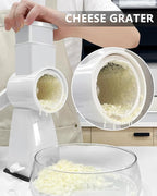 3-in-1 Rotary Cheese Grater Handheld, Lightweight Body with 3 Stainless Steel Blades & Non-Slip Suction Base, for Shredding Parmesan, Slicing Vegetables, Grating Chocolate（White）