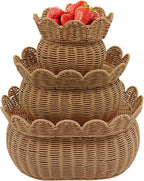 3 Pcs Wicker Storage Baskets with Lid Hand Woven Plastic Wicker Set Round Scalloped Organizer Box Natural Woven Storage Bins for Picnic,Bread,Eggs,Fruits