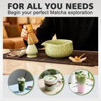 Matcha Whisk Bowl Set, 7PCS All-in-One Japanese Tea Set Includes Matcha Bowl with Spout, Bamboo Whisk (Chasen) with Stand, Scoop, Sifter, Complete Kit for Ceremony, Gift for Matcha Tea Lovers（Green)