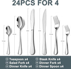 24-Piece Silverware Set with Steak Knives, Black Flatware Set for 4, Food-Grade Stainless Steel Tableware Cutlery Set, Mirror Finished Utensil Sets for Home Restaurant