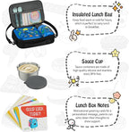Itslife Bento Lunch Box Set for Kids with 12oz Soup Thermo&Lunch Bag, Leak-Proof Lunch Food Containers for Kids School, 5 Compartment, Sauce Cup, 10 Notes (Blue Dinosaurs)