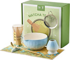Matcha Whisk Set 7 Pcs Matcha Sets Blue, matcha Kit with Bowl, Whisk and Holder, Bamboo Scoop, Scoop Rest, Sifter & Tea Towel, Tea Gifts for Matche Lovers Making Breakfast Latte