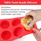 3-Pack 6-Cup Silicone Muffin Pan - Non-Stick Baking Mold for Cupcakes, Muffin Cupcake Pans Molds for Baking, Cornbread, Eggs - Red