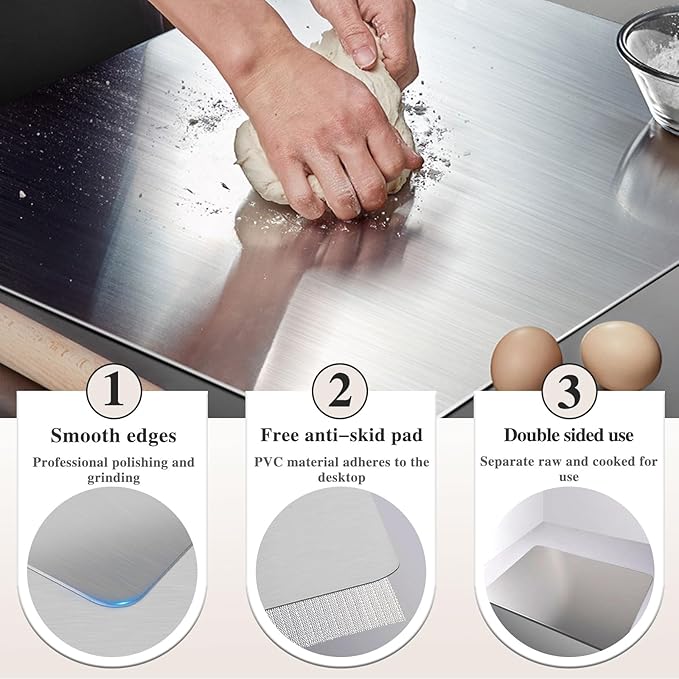 Stainless Steel Cutting Board for Kitchen - 304 Stainless Steel Chopping Boards for Baking, Double-Sided Use for Raw & Cooked Food - Ideal for Homemade Pasta, Pizza & Bread Making (15.7×27.5×0.06")