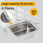 1/2 Hotel Pans 6 Inch Deep Stainless Steel Food Pan - Anti-Jam 6 Pack Steam Table Pan Set for Catering, Buffet Use, Kitchen Prep