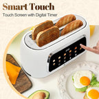 4 Slice Toaster with Touch Screen Control, 1.5" Wide Long Slots, 6 Browning Levels & 6 Bread Types, Digital Timer, Memory, Defrost, Reheat (WHITE)