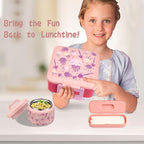 Bento Lunch Box for Kids with 8oz Soup Thermo,Leak-Proof Lunch Containers with 5 Compartment,Thermo Food Jar Food Containers for School (Pink-Jellyfish)