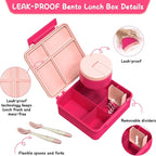 Bento Lunch Box with 8oz Soup Thermo, Leak-Proof Lunch Containers with 4 Compartment, Thermo Hot Food Jar and Insulated Lunch Box for School Pink