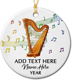 Customized Year Text Name Harp Player Christmas Ornament, Unique Harp Instrument Ornaments Gift for Women Men Harpist Appreciation Birthday, Personalized Harp Musical Ceramic Christmas Ornament 2025