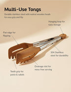 3-in-1 Kitchen Tongs & Pasta Server – 12 Inch Walnut Multifunction Tongs with Slotted Forked & Flat Tips for Pasta, Salad, Cooking and More – Elegant, Heat-Resistant Food Tongs for Home Cooks & Chefs