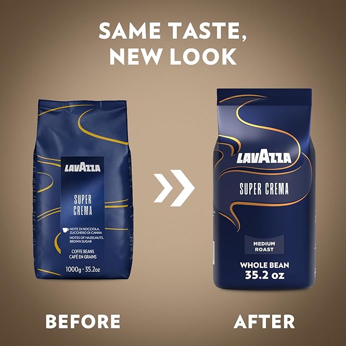 Lavazza Super Crema Whole Bean Coffee, Medium Espresso Roast, Arabica and Robusta Blend, 2.2 lb Bag (Pack of 8)