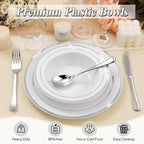 100 Pack Disposable Soup Bowls with Silver Rim, 12oz Premium Heavy Duty Plastic Dinner Bowls for Party, Wedding and Holiday