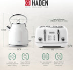 Haden Heritage Stainless Steel Body Retro Electric Tea Kettle, White and Haden Heritage 4 Slice Wide Slot Stainless Steel Retro Toaster, White