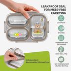 Stainless Steel Bento Lunch Box for Kids, 26.4 oz Leak-Proof 3-Compartment Metal Bento Box, BPA-Free, Cute Cartoon Meal Prep Snack Container with Utensils for School, Office, Travel - Brown