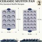 BRONYPRO Ceramic Muffin Pan, 12-Cup and 24-Cup Nonstick Aluminized Steel Mini Cupcake Pans, Healthy Non-Toxic Ceramic Coating Muffin Tin, 2 Pack Cup Cake Pans for Baking Blue