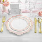 100 PCS White and Pink Disposable Plates for 50 Guests, Scalloped Plastic Plates Include 50 Dinner Plates and 50 Dessert Plates for Party, Wedding and Graduation