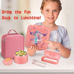 Bento Lunch Box for Kids With 8oz Soup Thermo,Leak-proof Lunch Containers with 5 Compartment,Thermo Food Jar and Lunch Bag, Food Containers for School (A-Pink（Unicorn - Mermaid）)