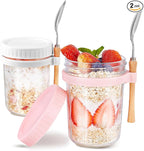 16oz - 2 Pack Overnight Oats Jars with Lids and Spoon, Overnight Oats Container with Lids, Airtigh Oatmeal Containers with Measurement Marks, Wide Mouth Mason Jars for Salad, Cereal - Pink & White