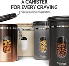 Veken Coffee Canister with Window,Airtight Stainless Steel Pantry Container,Home Kitchen Food Storage Organizers for Ground,Beans,Espresso,Rice,Tea,Sugar,Cereal, Flour,Bar Accessories,Gifts,22OZ,Black