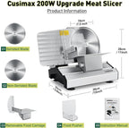CUSIMAX Electric Meat Slicer for Home,Two 7.5''Stainless Steel Blades,1-20mm Adjustable Thickness,Easy to Cut Various Foods,Removable Food Carriage for Easy Cleaning