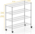 Himimi 72" H Storage Shelves 4 Tier Metal Shelving Adjustable Wire Shelf with Wheels, Heavy Duty Shelving for Garage Kitchen Pantry Bathroom Laundry,18" D*48" W*72" H, Silver