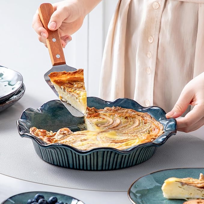 vancasso Stern Ceramic Pie Pan for Baking, 9 Inch Pie Plates with Ruffled Edge, Deep Dish Pie Pan for Apple Pie and Quiche, Large Pot Pie Baking Dishes, Thanksgiving Gifts - Green