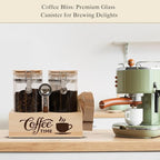 Glass Coffee Canister Set with Shelf & Spoon 2 Piece Coffee Containers for Coffee Bean Storage Airtight Seal, Coffee Bar Accessories Filter Holder for Kitchen Organization