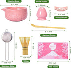 Matcha Whisk Bowl Set, 7PCS All-in-One Japanese Tea Set Includes Matcha Bowl with Spout, Bamboo Whisk (Chasen) with Stand, Scoop, Sifter, Complete Kit for Ceremony, Gift for Matcha Tea Lovers（Pink)
