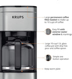 KRUPS Coffee Maker 10 Cups Simply Brew Stainless Steel Drip Coffee Maker, 900 Watts Coffee Filter, Drip Free, Dishwasher Safe Pot , Black & Silver