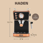 HADEN Barista Brew Espresso Coffee Machine, Stainless Steel Espresso Maker with Milk Frother and Steamer Function and 1.5L Water Tank, Black & Copper