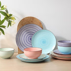 Selamica Ceramic Dinnerware Sets for 6, 18 Pieces Plates and Bowls Set, Scratch Resistant Dishes Set, Handpainted Swirl with Spot Dishwasher & Microwave Safe, Gradient Color