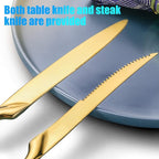 Lemeya 24-Piece Gold Silverware Set with Steak Knives,Forged 18/10 Stainless Steel Cutlery Set for 4,Modern Heavy Duty Flatware Utensils Set,Fork Spoon and Knives Set, Mirror Polished,Dishwasher Safe