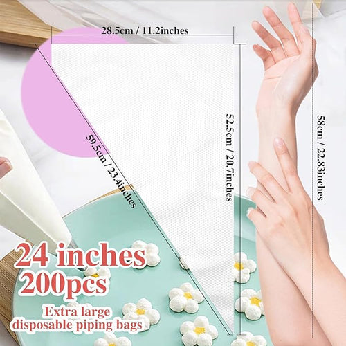 24 Inch Extra Large Piping Bags, 200 PCS Clear Disposable Icing bags, Thickened Non-Slip and Anti-Burst Pastry Bags for Baking and Decorating Desserts Cakes Cookie